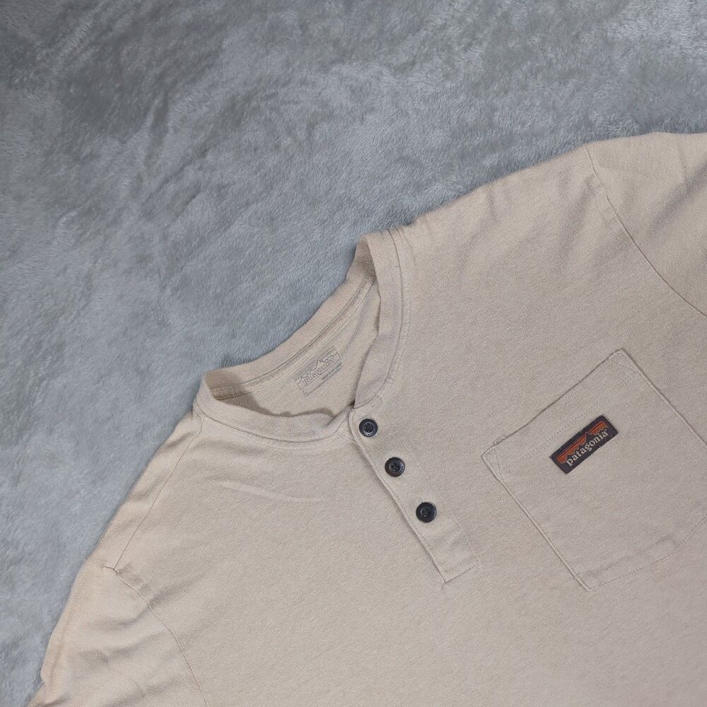 Patagonia Trail Harbor Henley Shirt Mens Large Tan Hemp Organic Cotton Pocket L